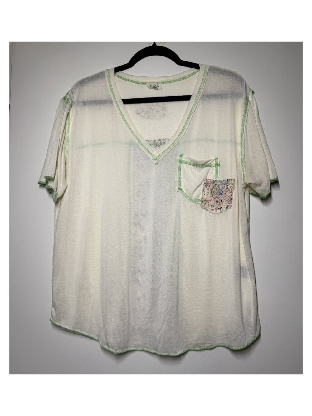 POL V-Neck Boho Paisley Patchwork Slub Knit Top Ivory Green L NWOT